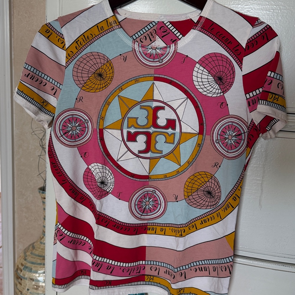 Tory Burch Compass Print T Shirt S Pinks Red 100 % cotton vguc - Picture 2 of 12